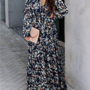 BLENCOT Navy Floral Long Sleeve Dress women’s size M